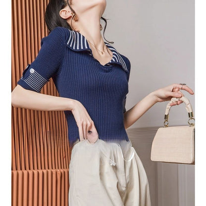 Women Striped Basic Casual Knit Sweater Vintage V-Neck Short Sleeve Pullovers Tops
