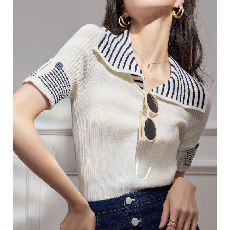 Women Striped Basic Casual Knit Sweater Vintage V-Neck Short Sleeve Pullovers Tops