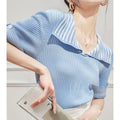 Women Striped Basic Casual Knit Sweater Vintage V-Neck Short Sleeve Pullovers Tops