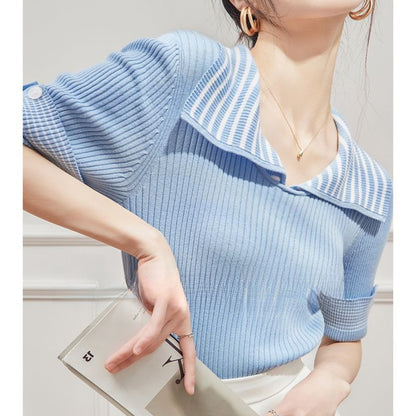 Women Striped Basic Casual Knit Sweater Vintage V-Neck Short Sleeve Pullovers Tops