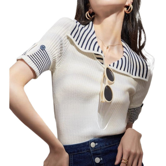 Women Striped Basic Casual Knit Sweater Vintage V-Neck Short Sleeve Pullovers Tops